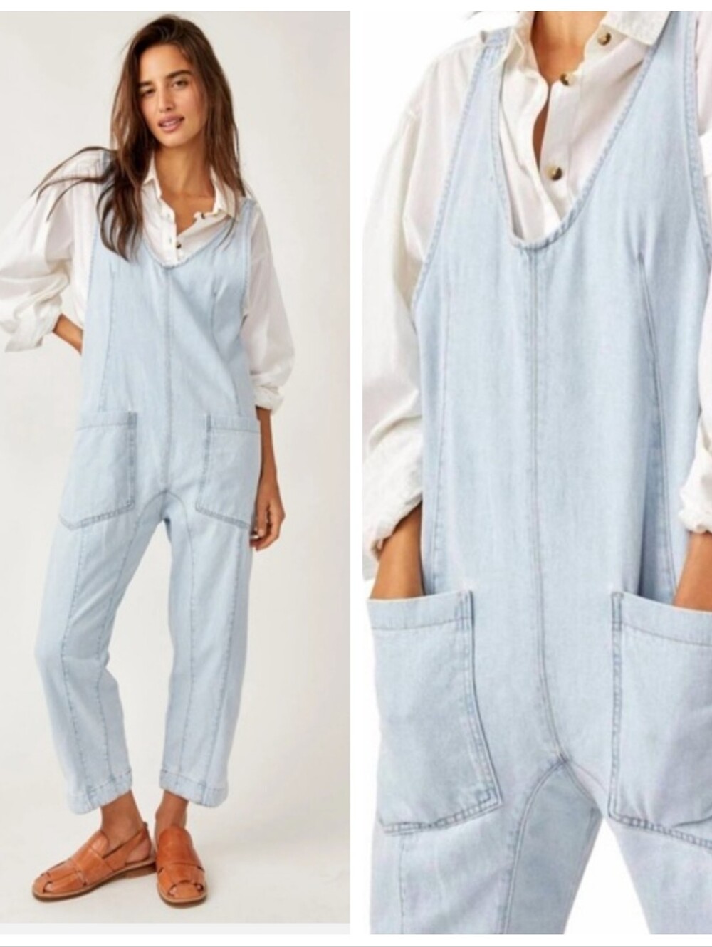 NWT Free People High Roller Overall Denim Jumpsuit Whimsy Women's Large Relaxed